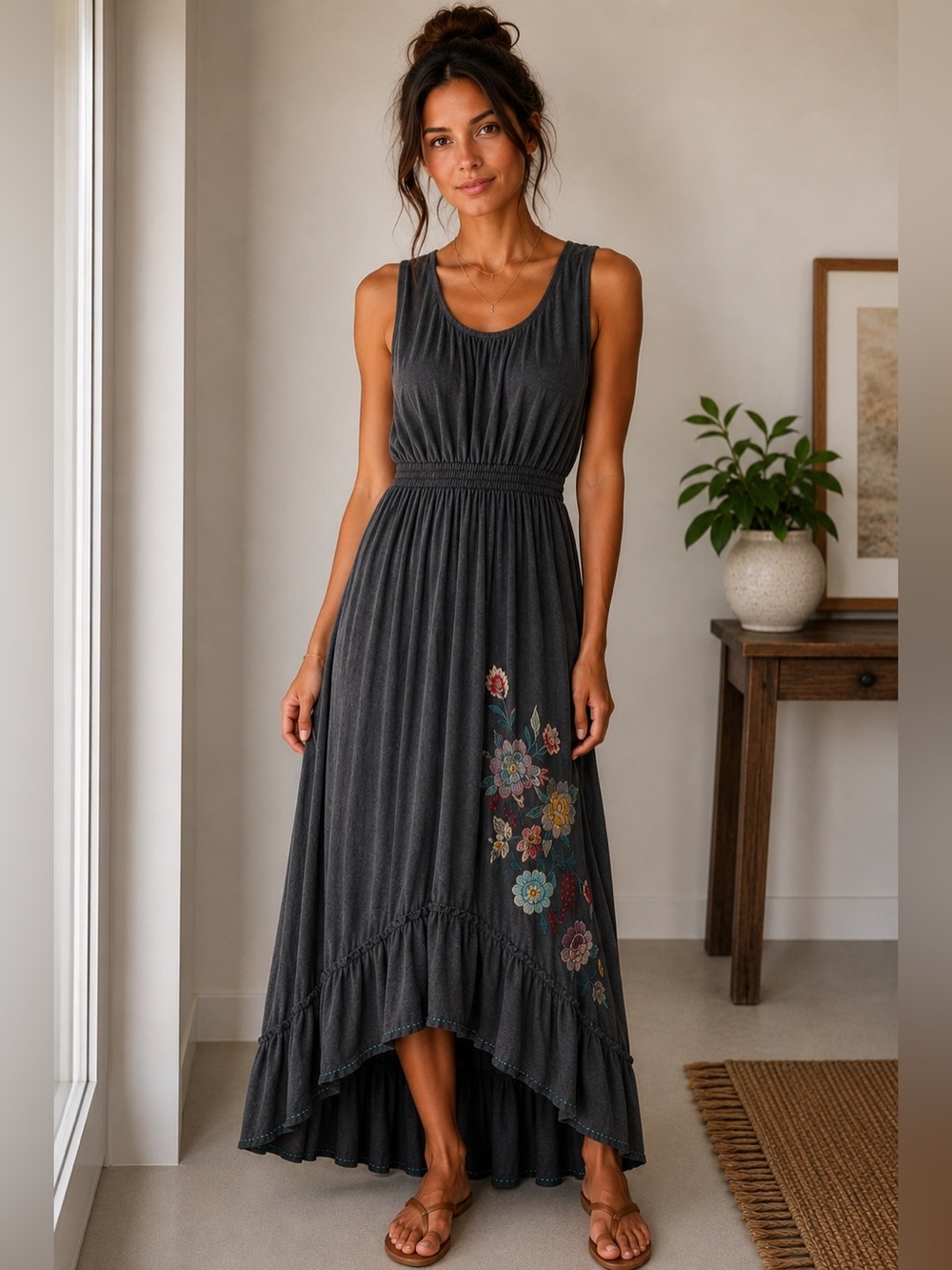Johnny Was JW Los Angeles Gray Floral Embroidered Asymmetrical Boho Midi Dress M